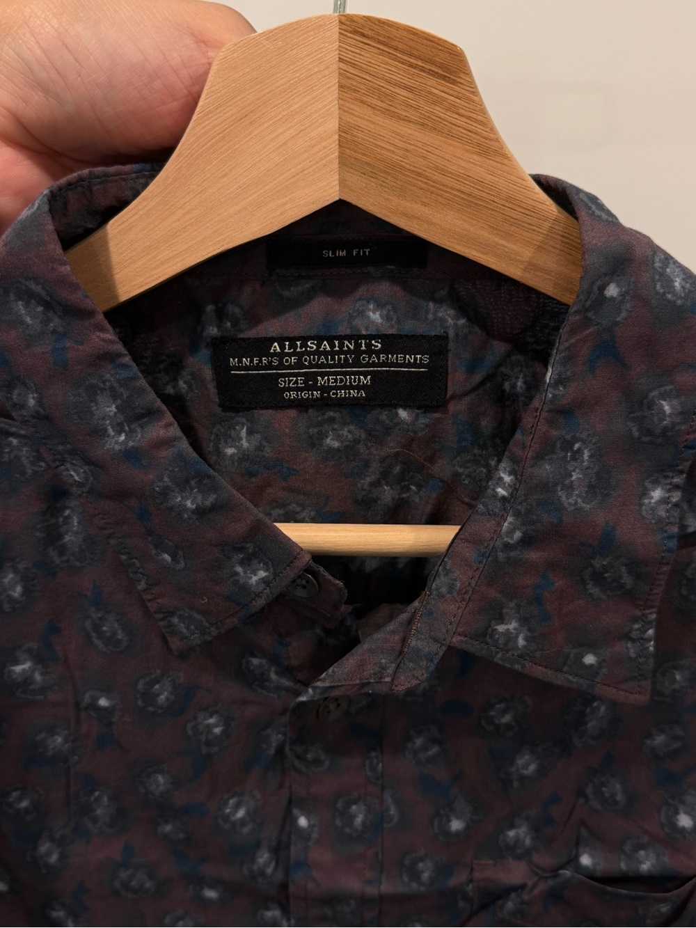 AllSaints Men's Floral-Print Slim Button-Down — Burgundy and Blue